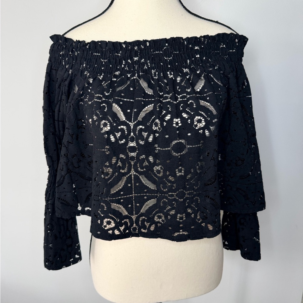 Zara Black Lace Off Shoulder Top | Bell Sleeve Boho Crop Blouse | Size M
